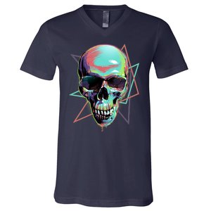 Retro Neon Graffiti Paint Skull V-Neck T-Shirt