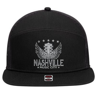 Retro Nashville Guitar Wings Vintage Country Music Concert 7 Panel Mesh Trucker Snapback Hat