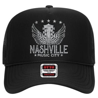 Retro Nashville Guitar Wings Vintage Country Music Concert High Crown Mesh Back Trucker Hat