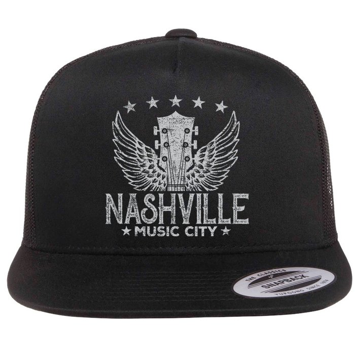 Retro Nashville Guitar Wings Vintage Country Music Concert Flat Bill Trucker Hat