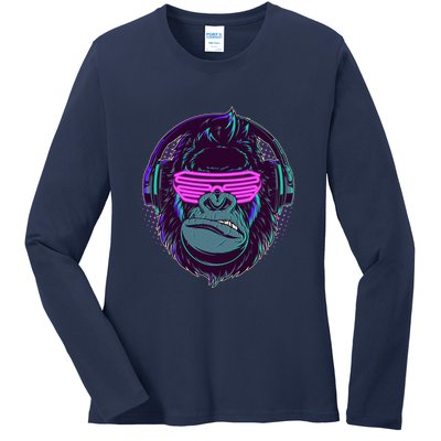 Retro Neon Hipster Gorilla Ape Ladies Long Sleeve Shirt