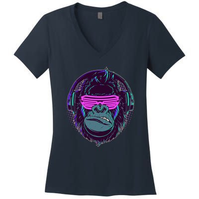 Retro Neon Hipster Gorilla Ape Women's V-Neck T-Shirt