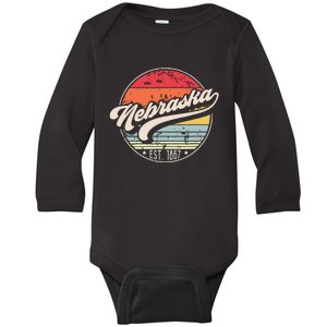 Retro Nebraska Home State Ne Cool 70s Style Sunset Baby Long Sleeve Bodysuit