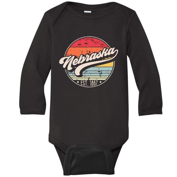 Retro Nebraska Home State Ne Cool 70s Style Sunset Baby Long Sleeve Bodysuit