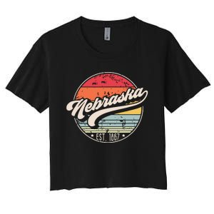 Retro Nebraska Home State Ne Cool 70s Style Sunset Women's Crop Top Tee