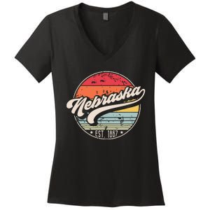 Retro Nebraska Home State Ne Cool 70s Style Sunset Women's V-Neck T-Shirt