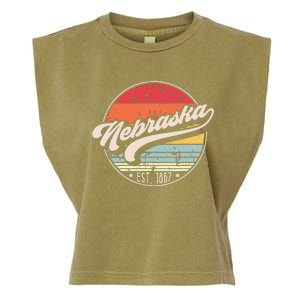 Retro Nebraska Home State Ne Cool 70s Style Sunset Garment-Dyed Women's Muscle Tee