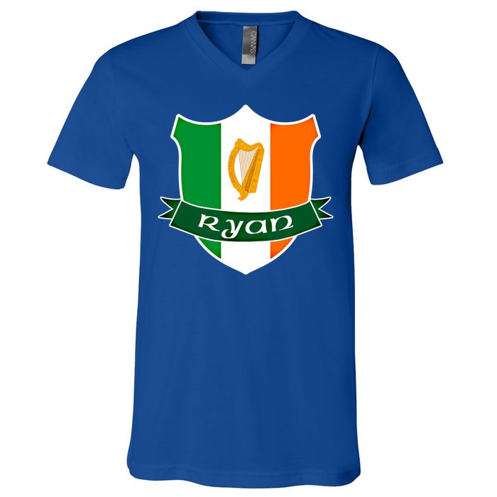 Ryan Name Irish Gift Irish Flag Harp Crest V-Neck T-Shirt