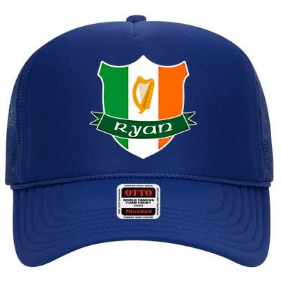 Ryan Name Irish Gift Irish Flag Harp Crest High Crown Mesh Back Trucker Hat