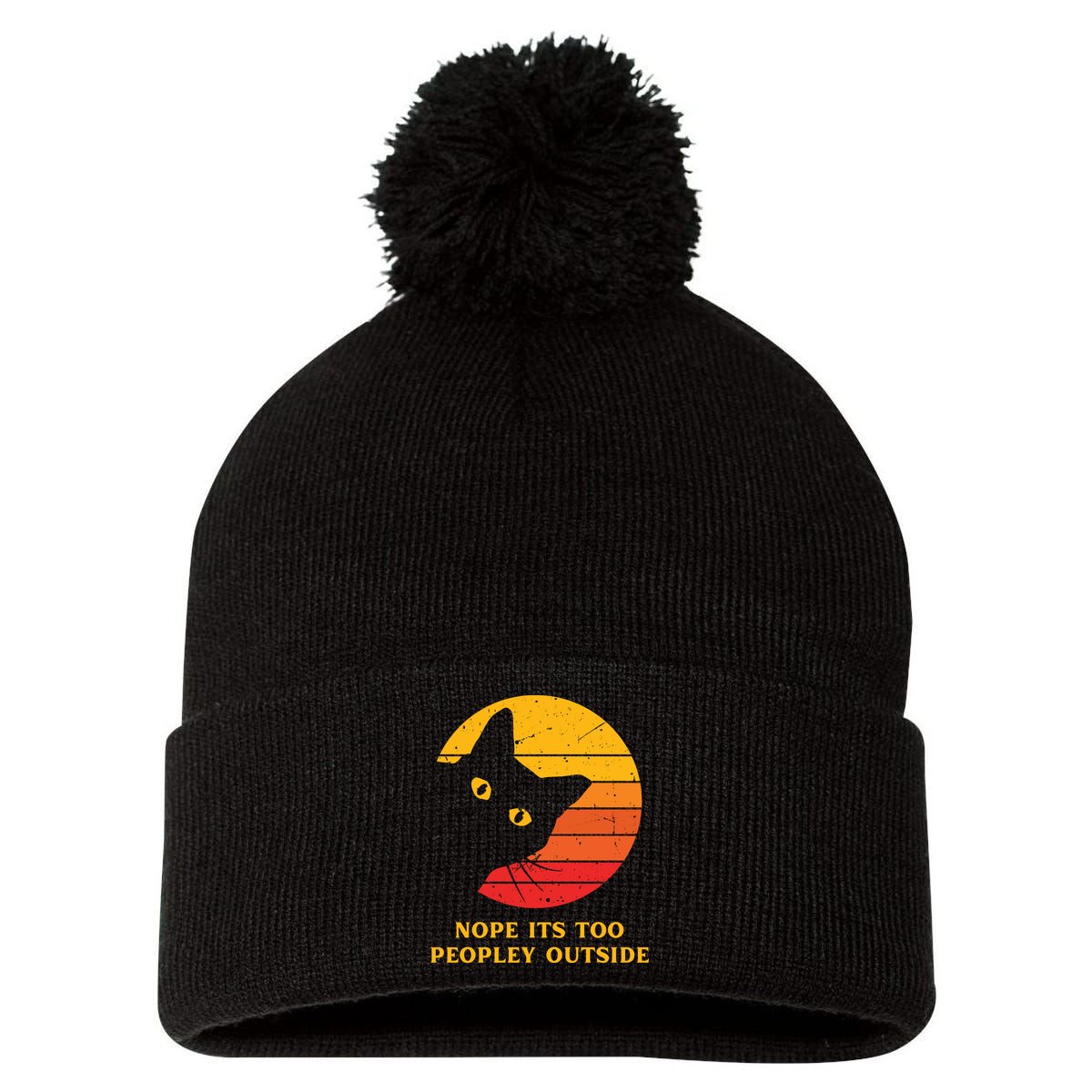 Retro Nope Its Too Peopley Outside Shy Cat Lovers Pom Pom 12in Knit Beanie