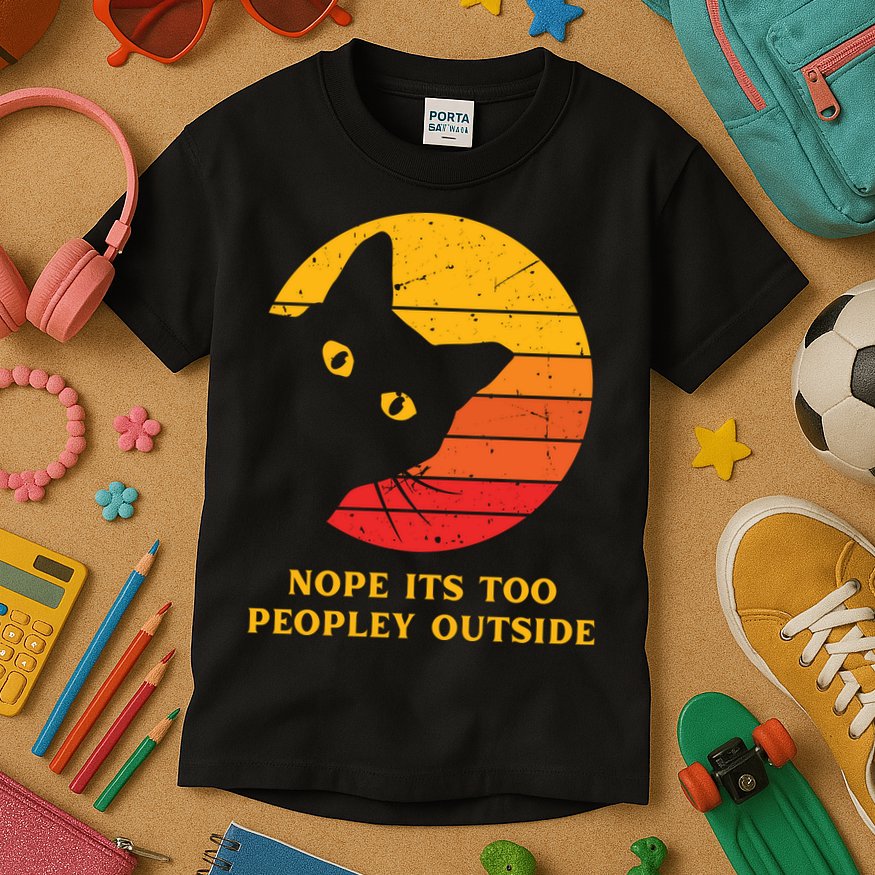 Retro Nope Its Too Peopley Outside Shy Cat Lovers Kids T-Shirt