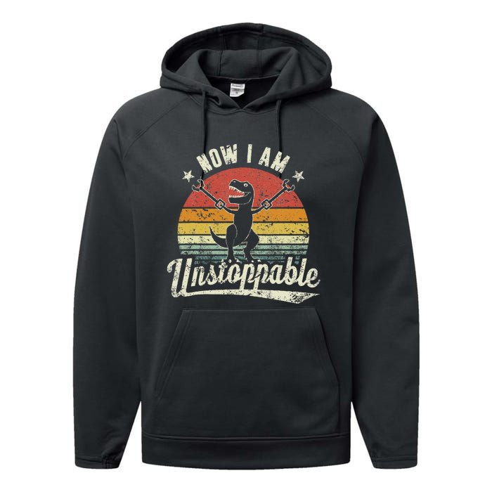 Retro Now I Am Unstoppable T Rex Funny Performance Fleece Hoodie