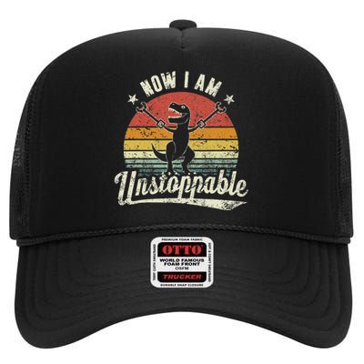 Retro Now I Am Unstoppable T Rex Funny High Crown Mesh Back Trucker Hat