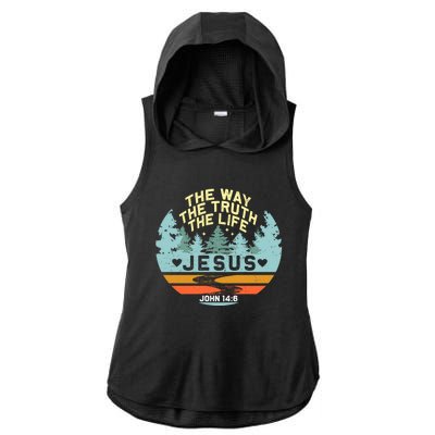 Retro Nature Jesus The Way The Truth Life Verse Religious Ladies PosiCharge Tri-Blend Wicking Draft Hoodie Tank