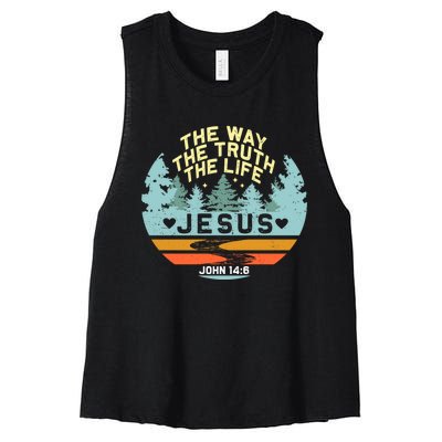 Retro Nature Jesus The Way The Truth Life Verse Religious Women's Racerback Cropped Tank