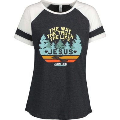 Retro Nature Jesus The Way The Truth Life Verse Religious Enza Ladies Jersey Colorblock Tee