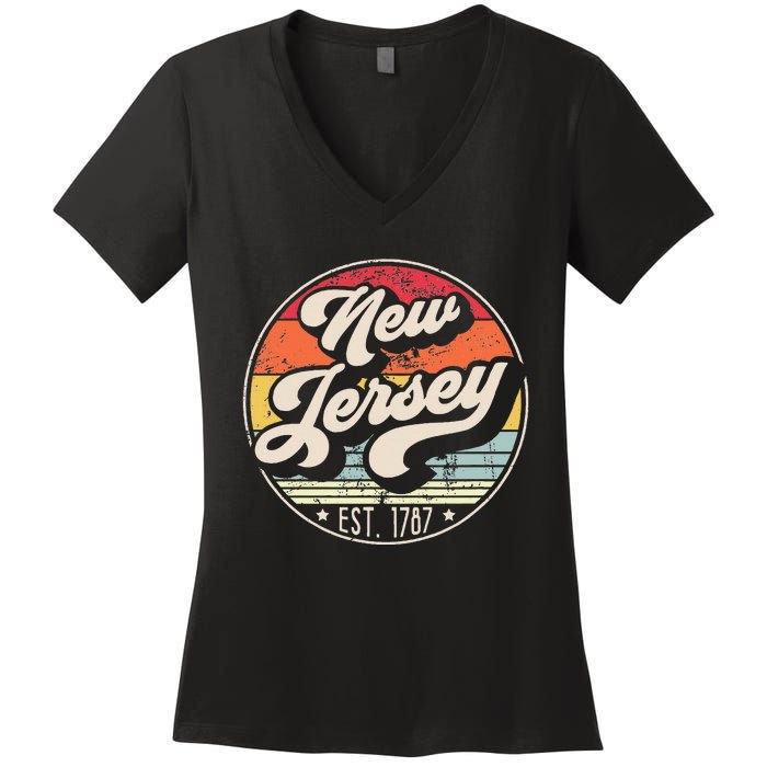 Retro New Jersey Home State Nj Cool 70s Style Sunset Women's V-Neck T-Shirt