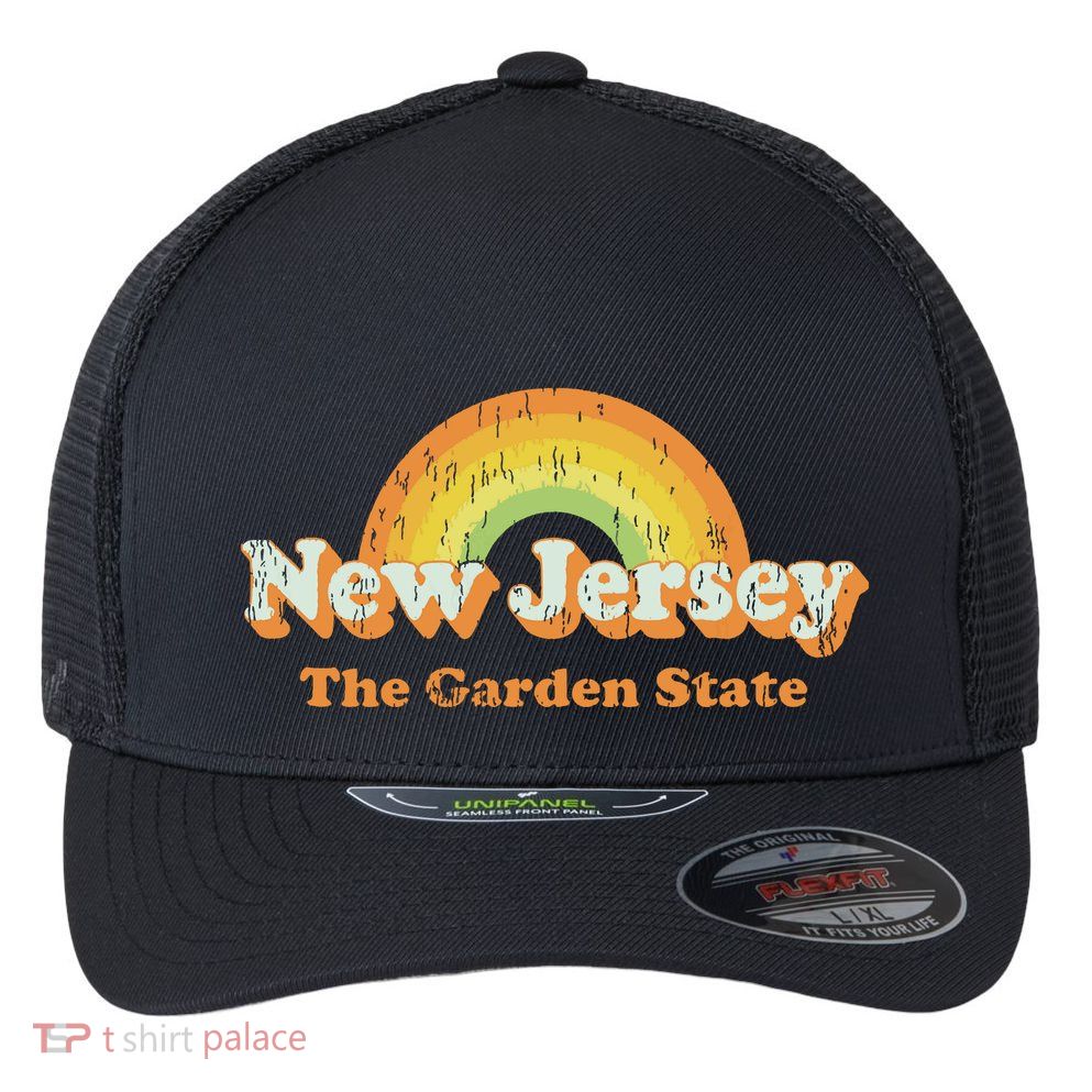 Retro New Jersey T Vintage 70s Nj Rainbow Design Flexfit Unipanel Trucker Cap