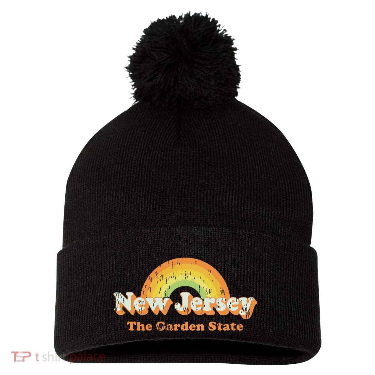 Retro New Jersey T Vintage 70s Nj Rainbow Design Pom Pom 12in Knit Beanie