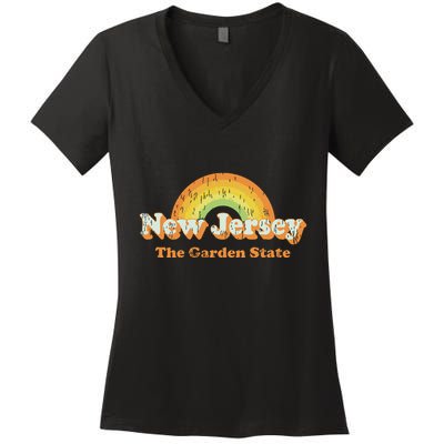 Retro New Jersey T Vintage 70s Nj Rainbow Design Women's V-Neck T-Shirt