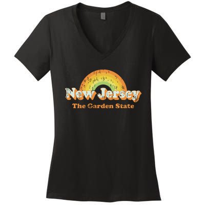 Retro New Jersey T Vintage 70s Nj Rainbow Design Women's V-Neck T-Shirt