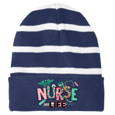 Retro Nurse Life Medical School Striped Beanie with Solid Band