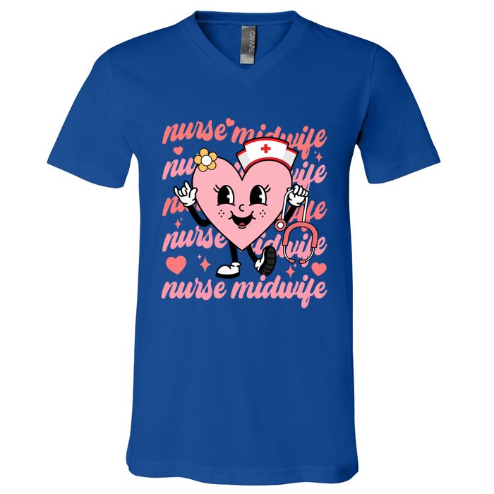 Retro Nurse Midwife Cute Valentines Day Hearts Stethoscope Gift V-Neck T-Shirt