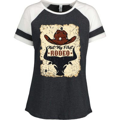 retro not my first rodeo  rodeo western country cowboy  Enza Ladies Jersey Colorblock Tee