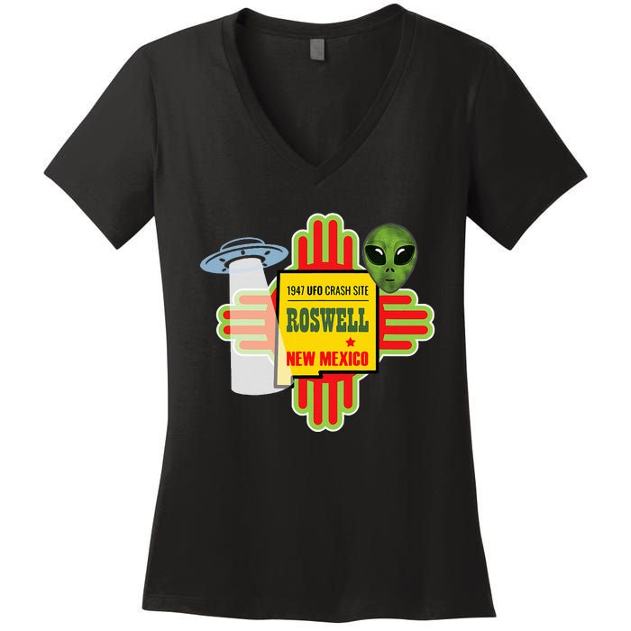 Roswell Nm New Mexico Ufo Alien Crash Site 1947 Zia Women's V-Neck T-Shirt