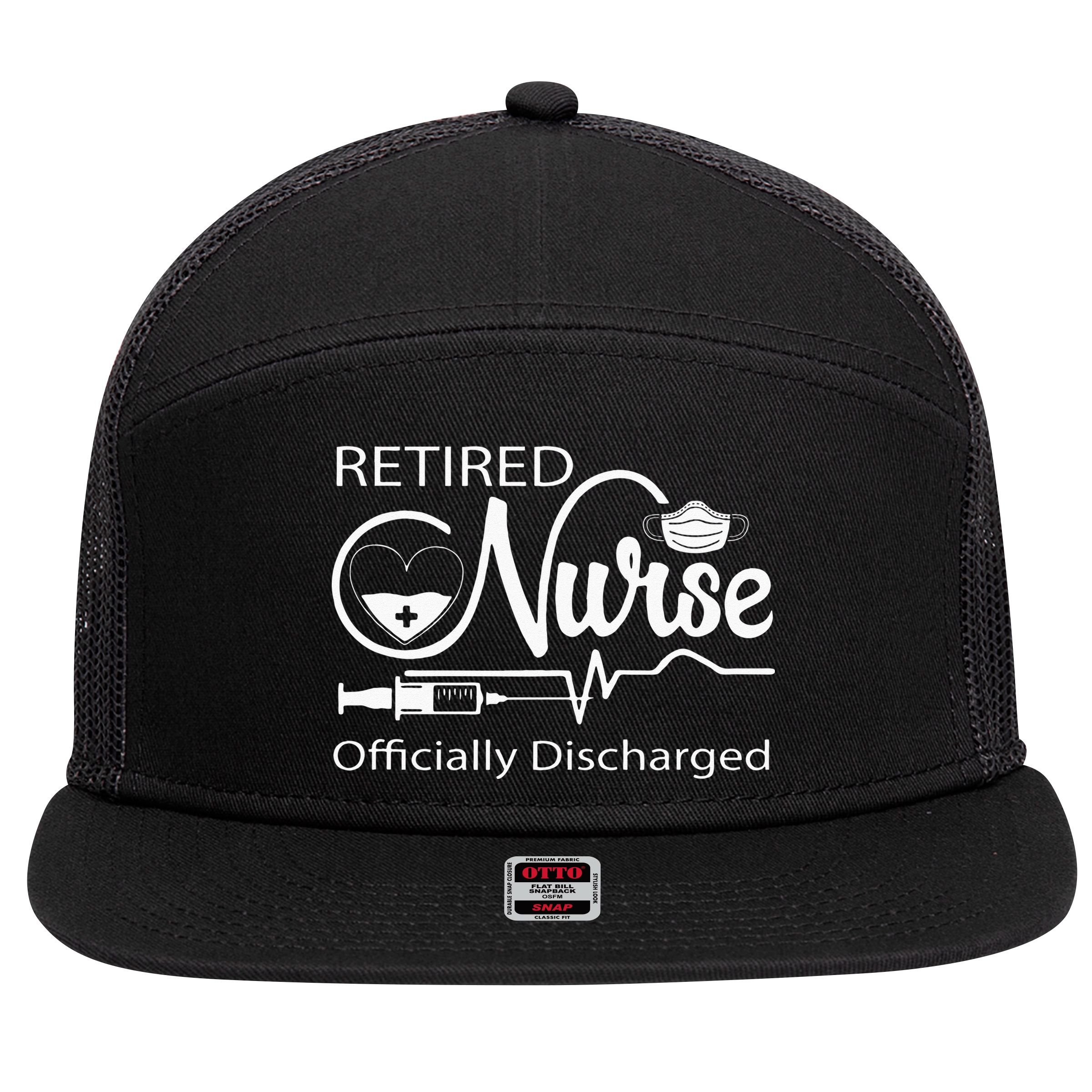 Retired Nurse Officially Discharged Retirement Party Gift 7 Panel Mesh Trucker Snapback Hat