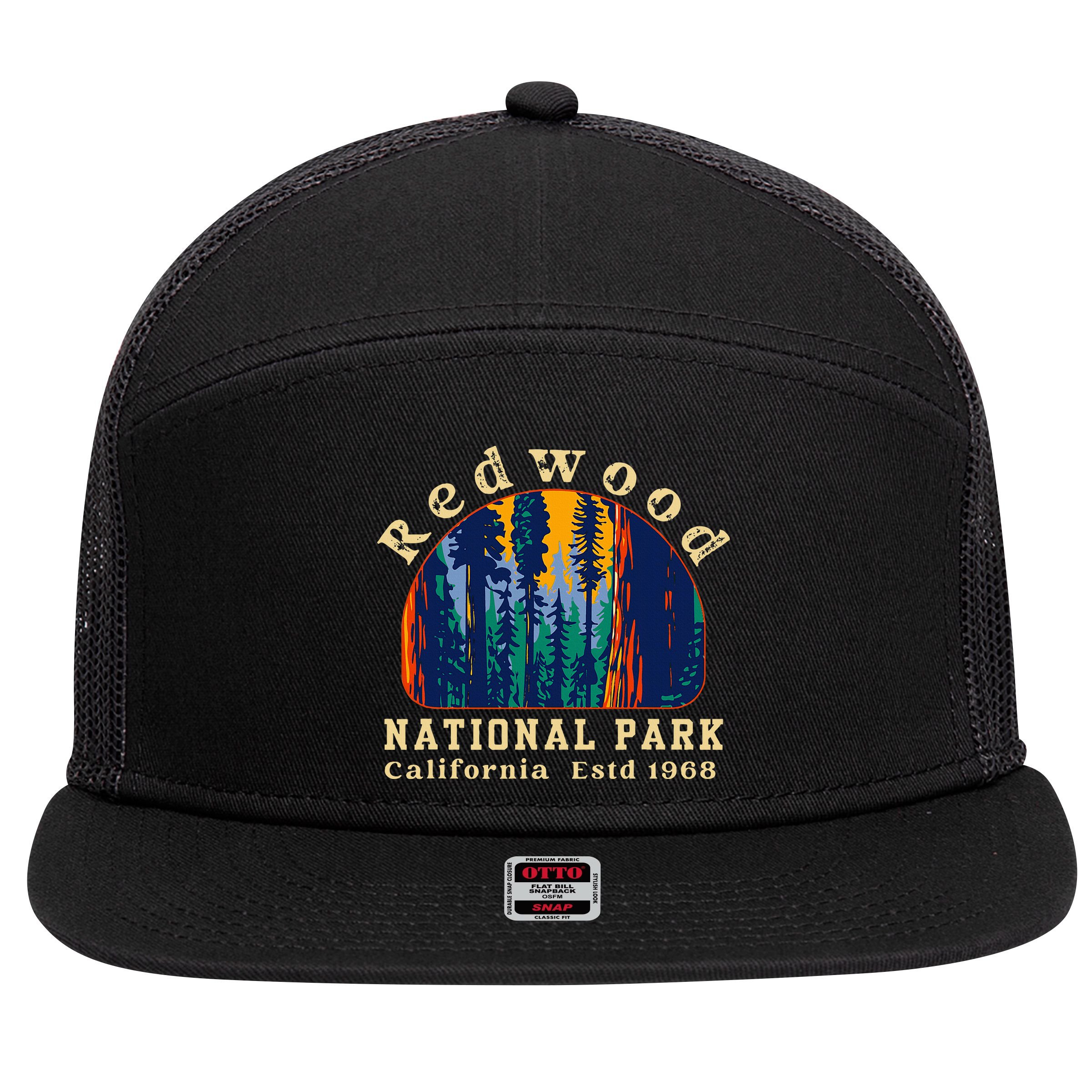 Redwood National Park California Retro Vintage Camping 7 Panel Mesh Trucker Snapback Hat