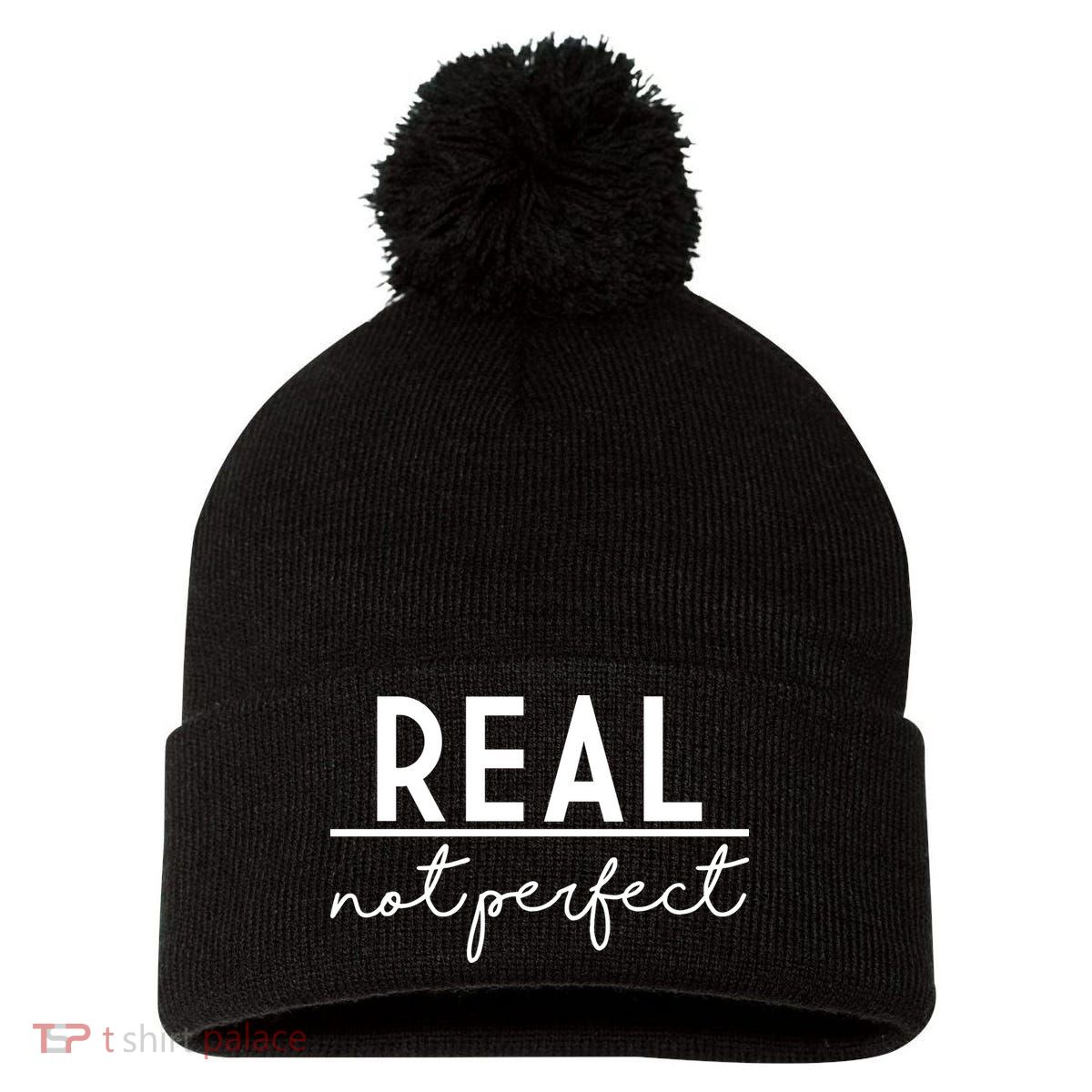 Real Not Perfect Positive Quote Pom Pom 12in Knit Beanie