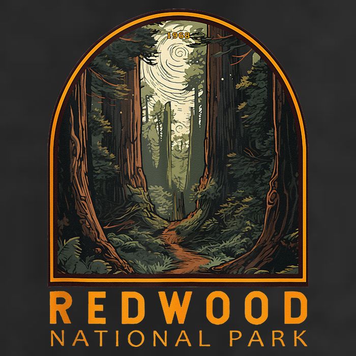 Redwood National Park Illustration Trail Emblem  7 Panel Mesh Trucker Snapback Hat
