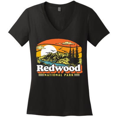 Redwood National Park Vintage 80s Retro California Mountains Women's V-Neck T-Shirt