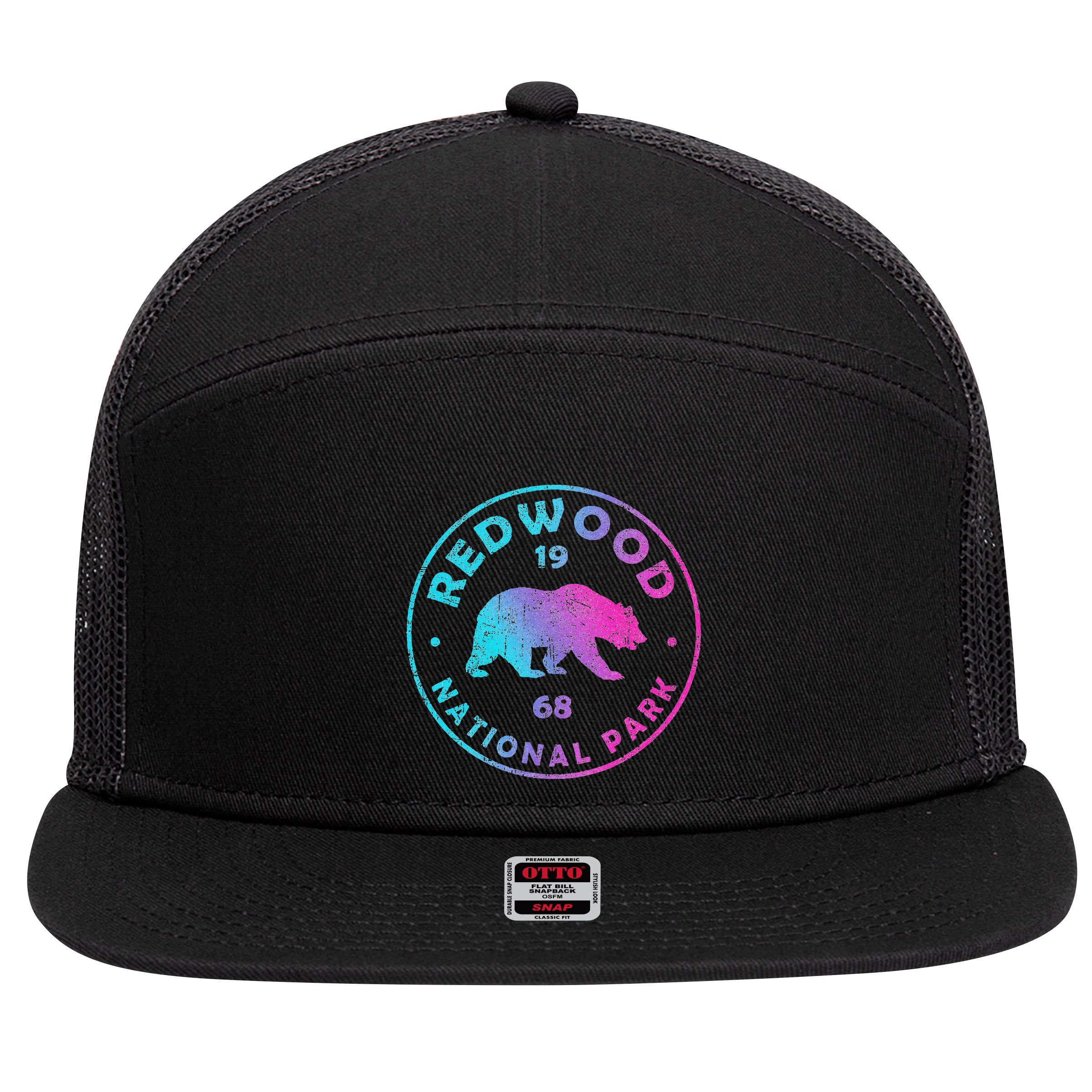 Redwood National Park Ca Colorful Tie Dye Bear 7 Panel Mesh Trucker Snapback Hat