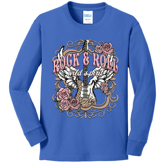 Rock N Roll Wild Spirit Lets Rock Guitar Floral Kids Long Sleeve Shirt