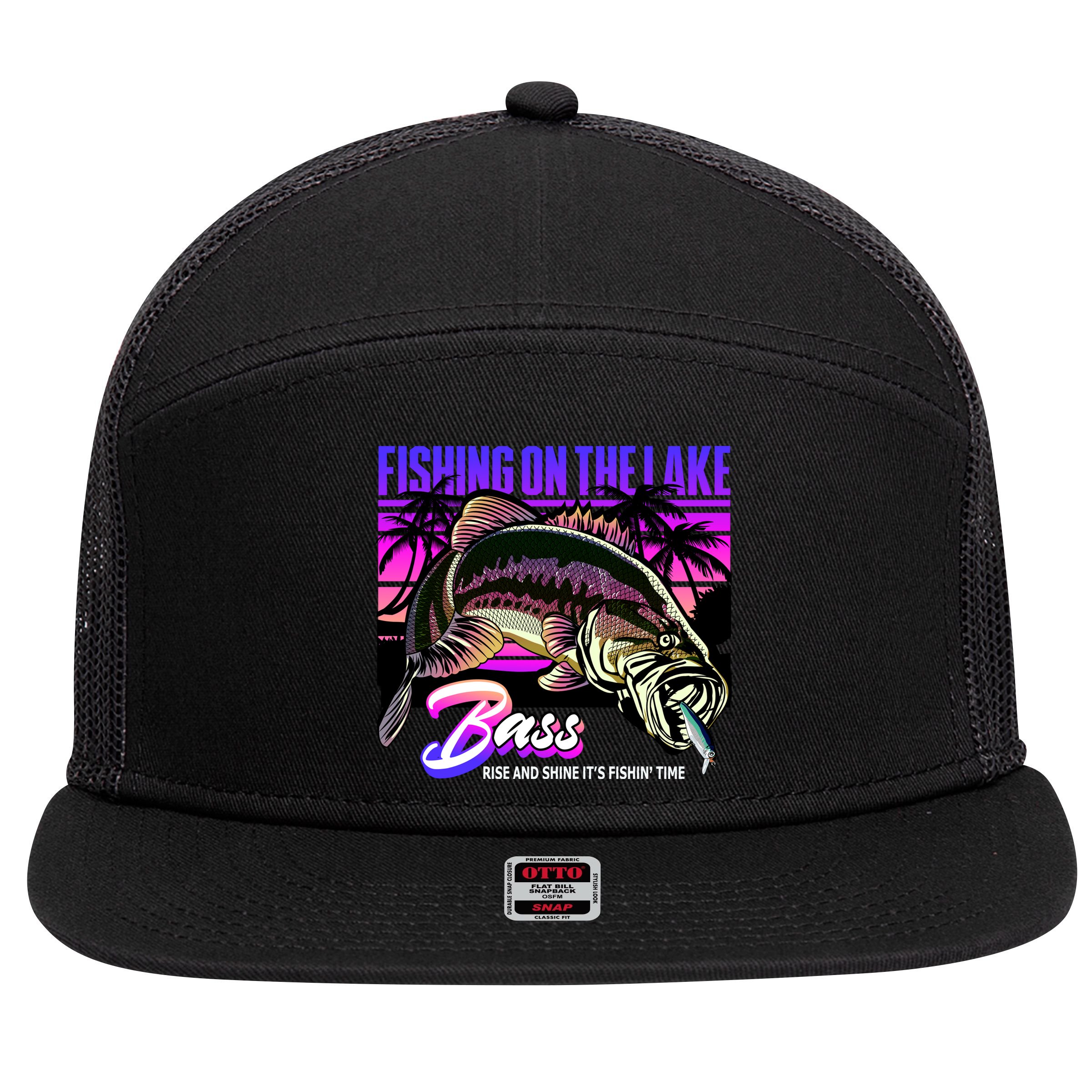 Rise N Shine Its Fishing Time Bass Lake 7 Panel Mesh Trucker Snapback Hat
