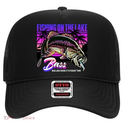 Rise N Shine Its Fishing Time Bass Lake High Crown Mesh Back Trucker Hat