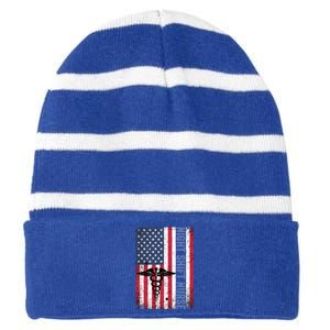 Rn Night Shift Nurse Gift Patriotic American Flag July 4 Gift Striped Beanie with Solid Band