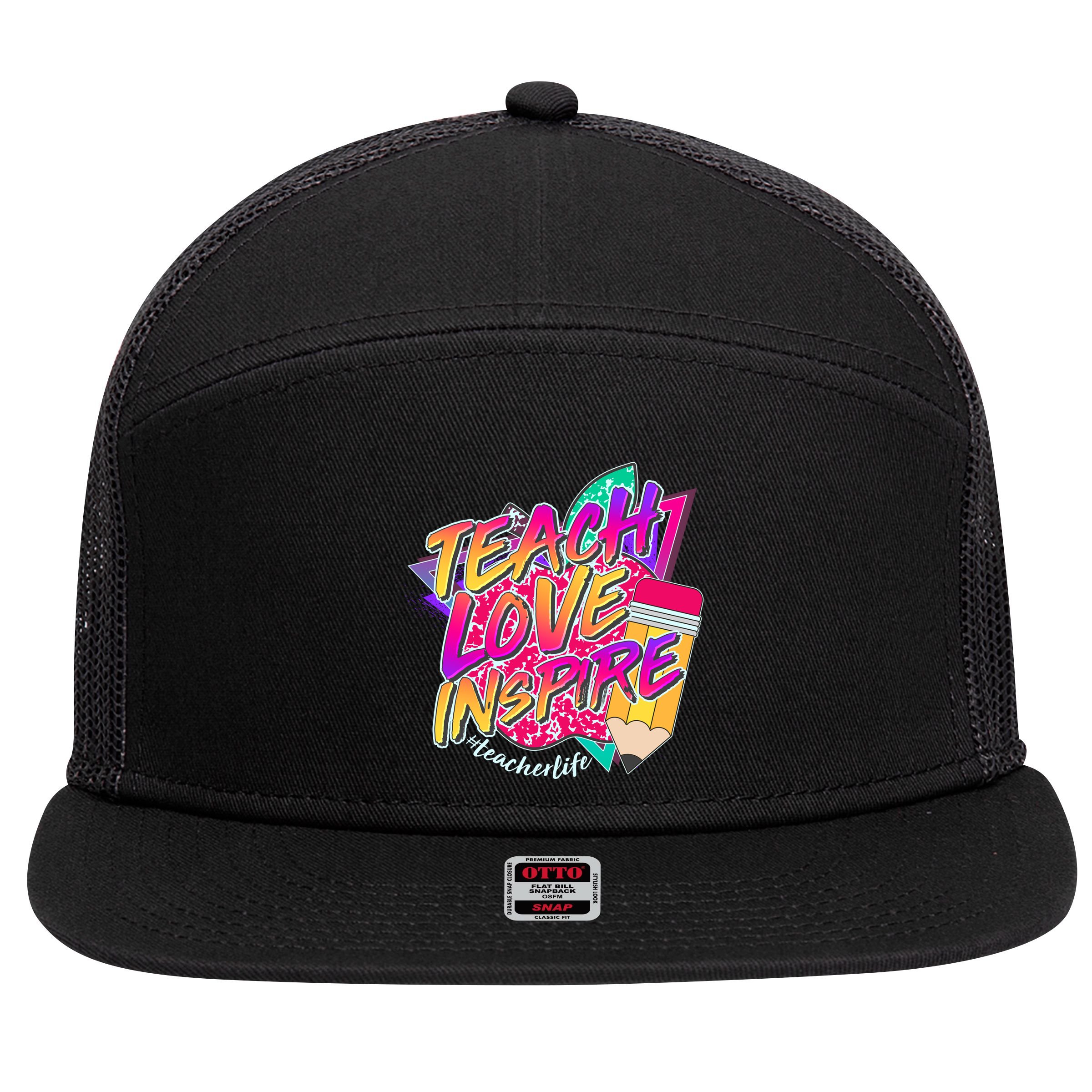 Retro Neon Teach Love Inspire #Teacher Life 7 Panel Mesh Trucker Snapback Hat
