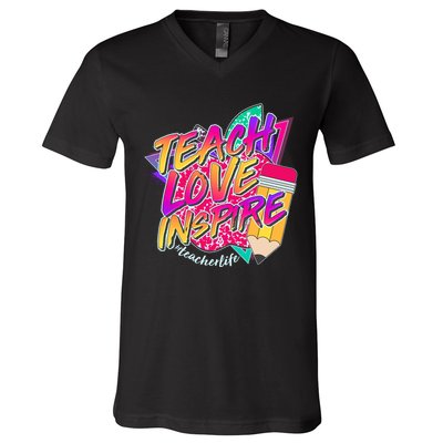 Retro Neon Teach Love Inspire #Teacher Life V-Neck T-Shirt