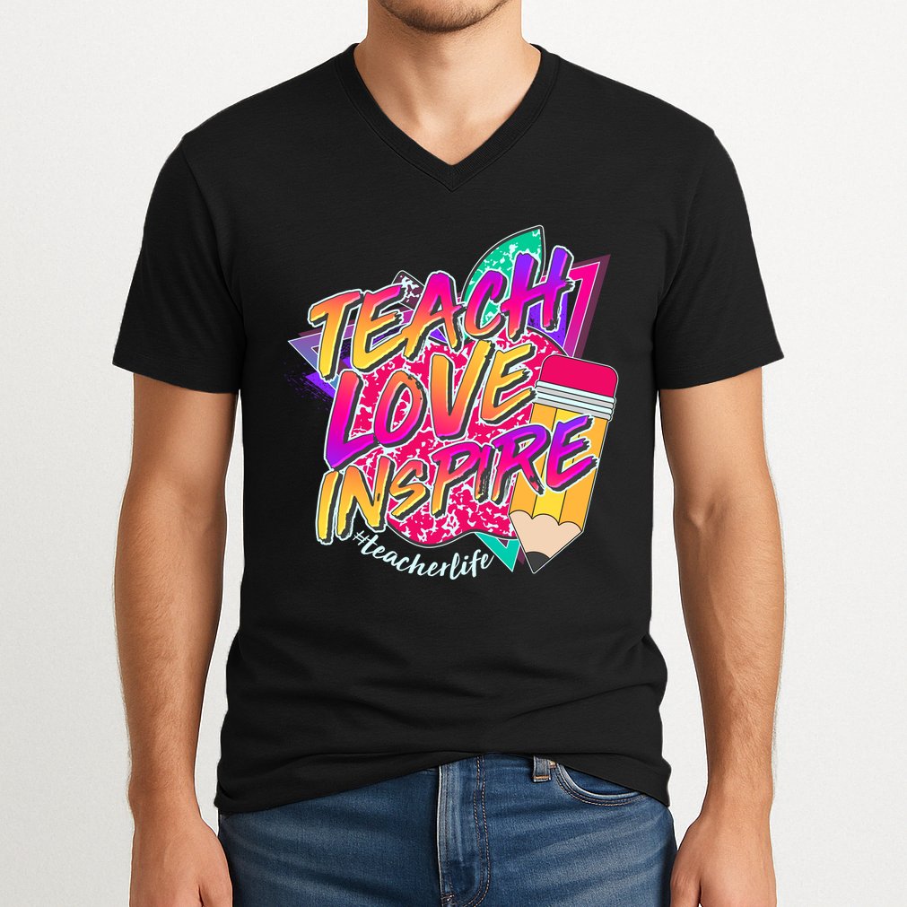 Retro Neon Teach Love Inspire #Teacher Life V-Neck T-Shirt
