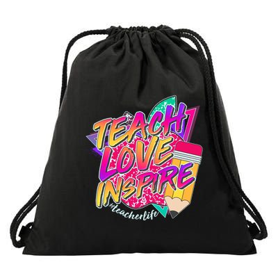 Retro Neon Teach Love Inspire #Teacher Life Drawstring Bag