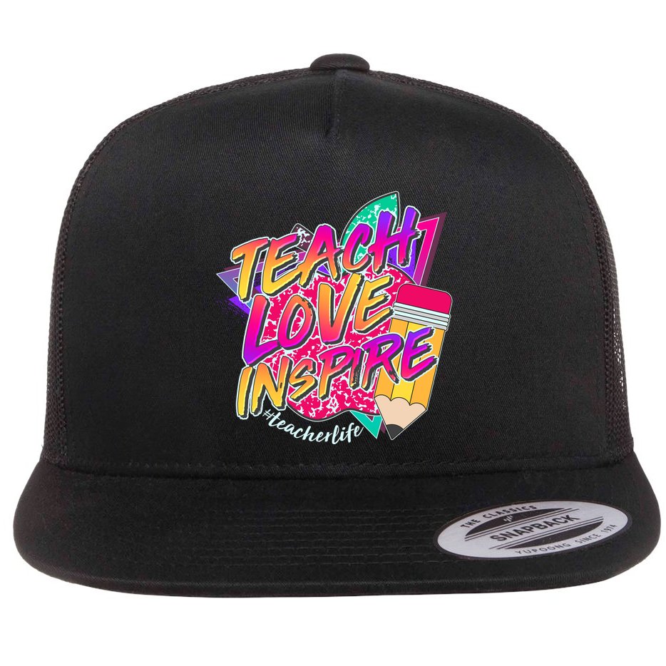 Retro Neon Teach Love Inspire #Teacher Life Flat Bill Trucker Hat