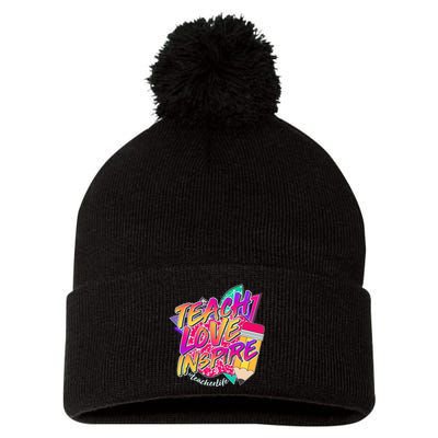 Retro Neon Teach Love Inspire #Teacher Life Pom Pom 12in Knit Beanie