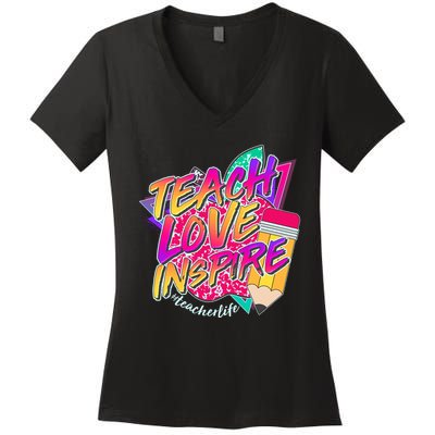 Retro Neon Teach Love Inspire #Teacher Life Women's V-Neck T-Shirt