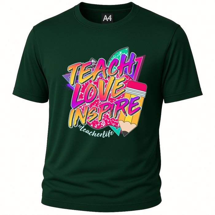 Retro Neon Teach Love Inspire #Teacher Life Cooling Performance Crew T-Shirt
