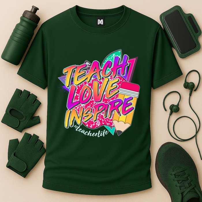 Retro Neon Teach Love Inspire #Teacher Life Cooling Performance Crew T-Shirt
