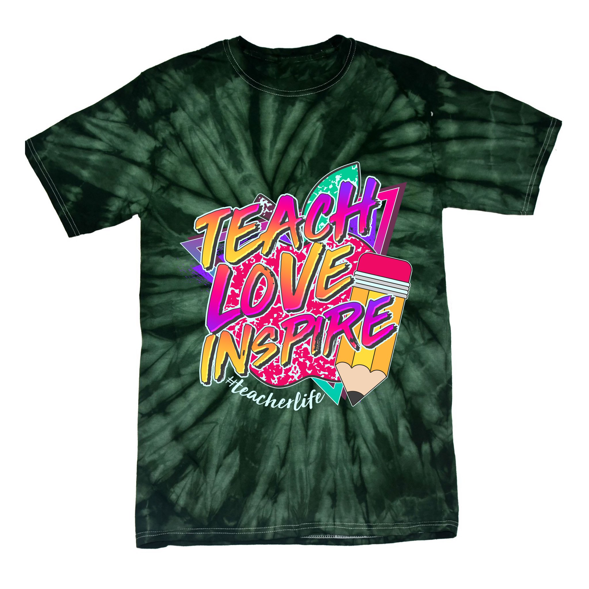 Retro Neon Teach Love Inspire #Teacher Life Tie-Dye T-Shirt