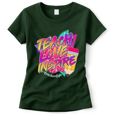 Retro Neon Teach Love Inspire #Teacher Life Womens T-Shirt